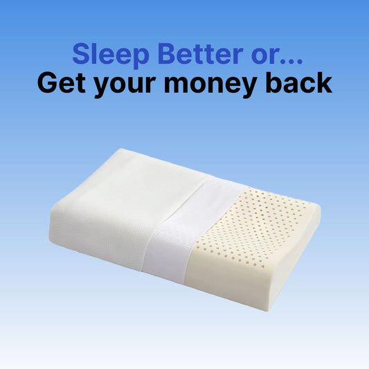 Memory foam pillow with text 'Sleep Better or... Get your money back' on a blue background