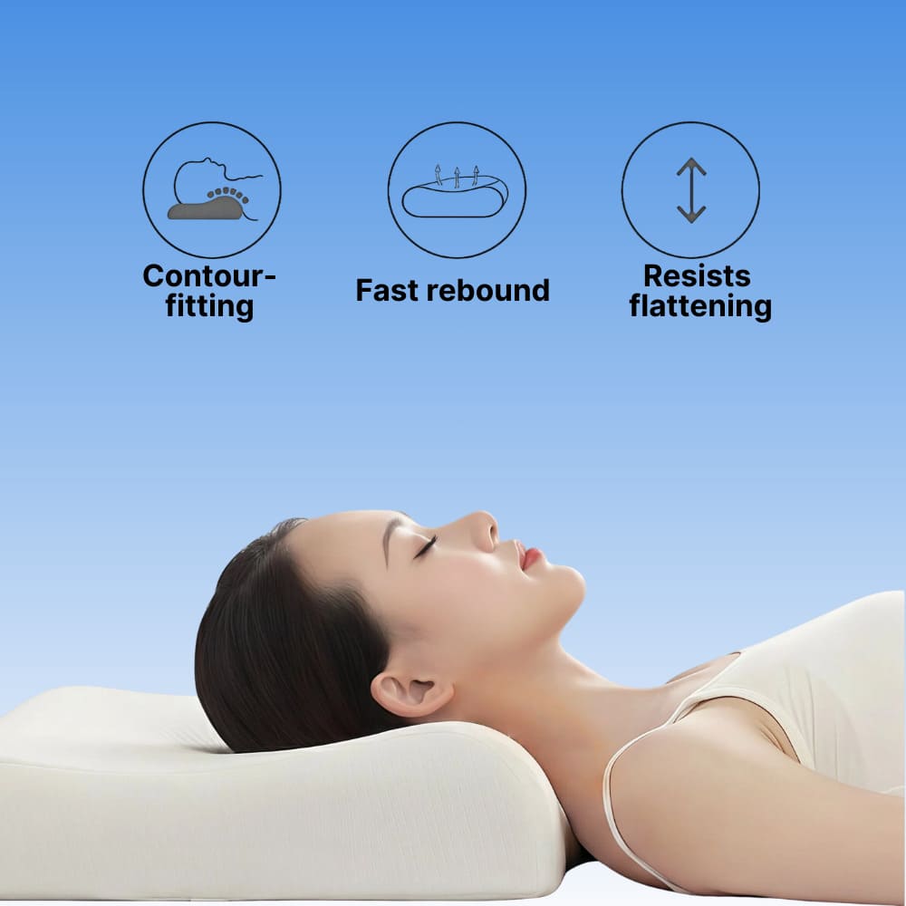 Person resting on Byeache cervical pillow with contour-fitting features highlighted