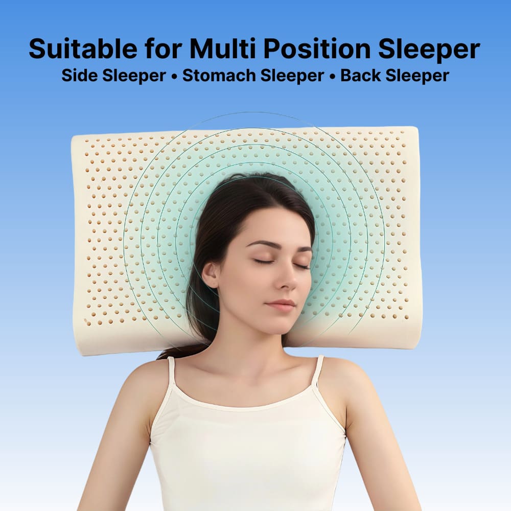 Woman sleeping with a pillow on a blue background, suitable for multi-position sleepers.