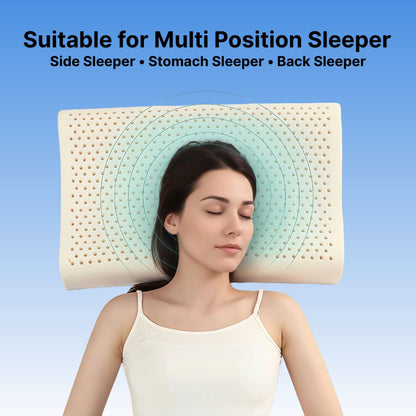 Woman sleeping with a pillow on a blue background, suitable for multi-position sleepers.