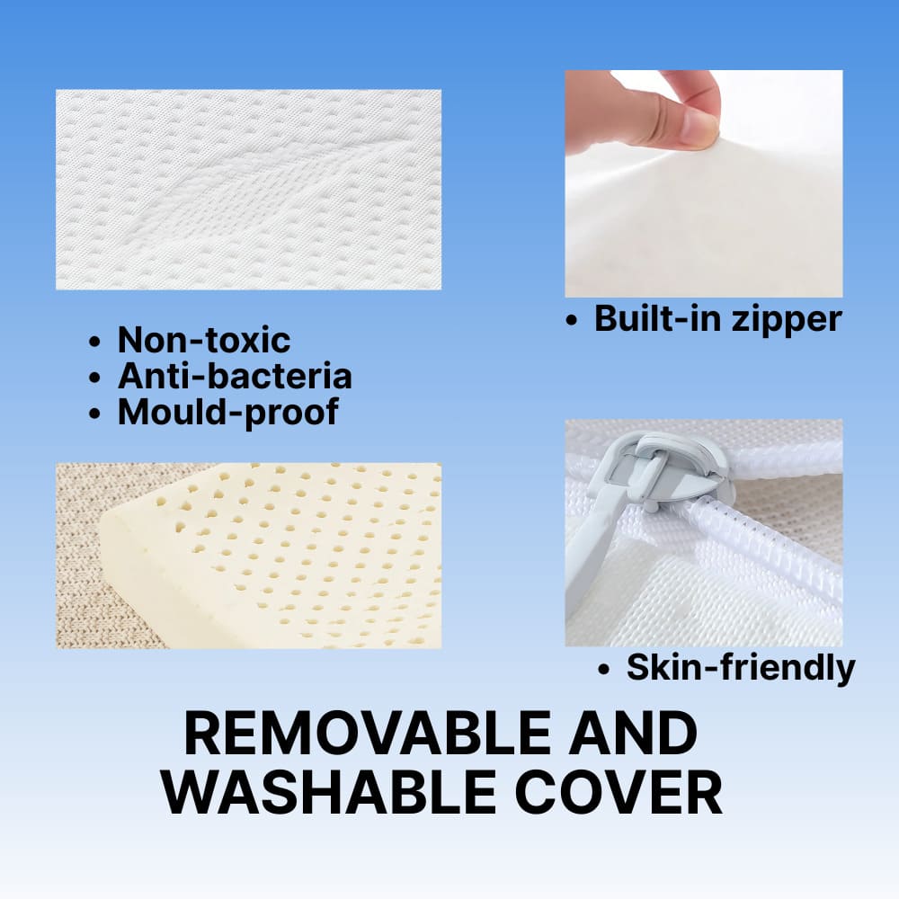 Byeache pillow with removable cover, non-toxic/anti-bacterial/mould-proof features displayed