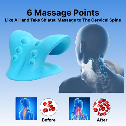 Blue cervical massage device with a human silhouette and before-after illustrations on a blue background