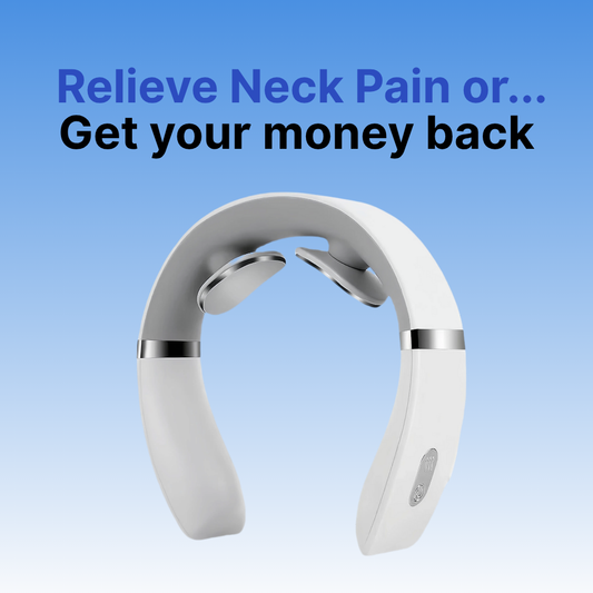 Neck pain relief device with promotional text on a blue background