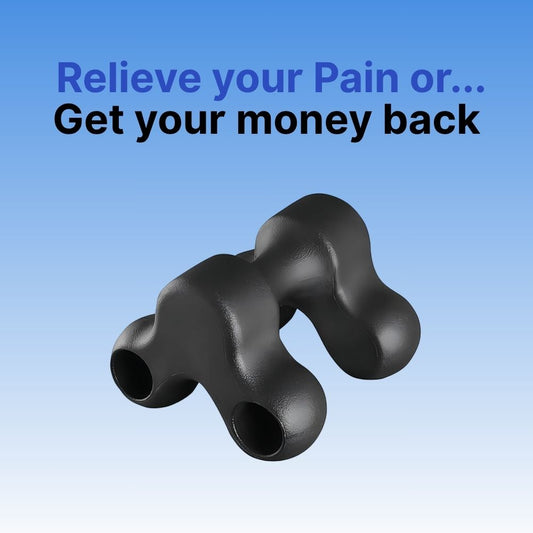 Black pain reliever device with text on a blue gradient background