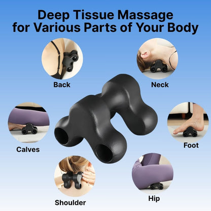 Black massage tool with images of its use on different parts of the body on a blue background.