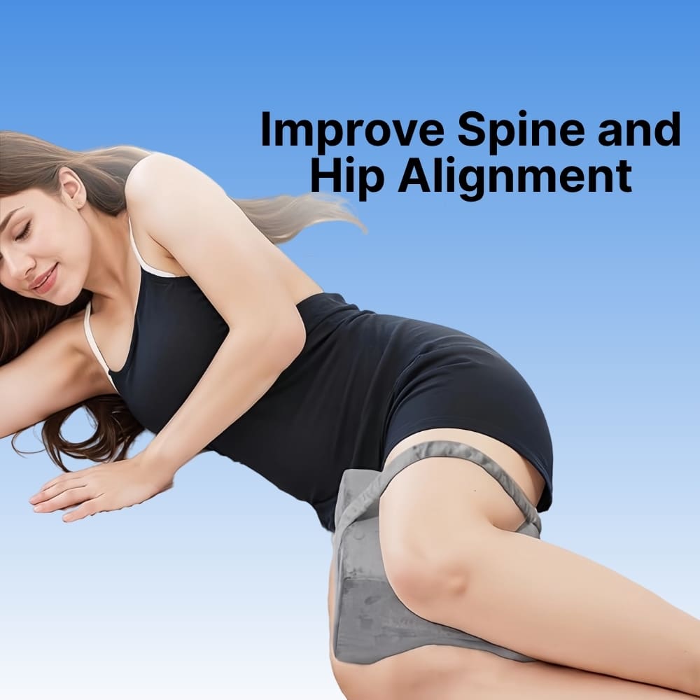 Woman stretching with text 'Improve Spine and Hip Alignment' on a blue background