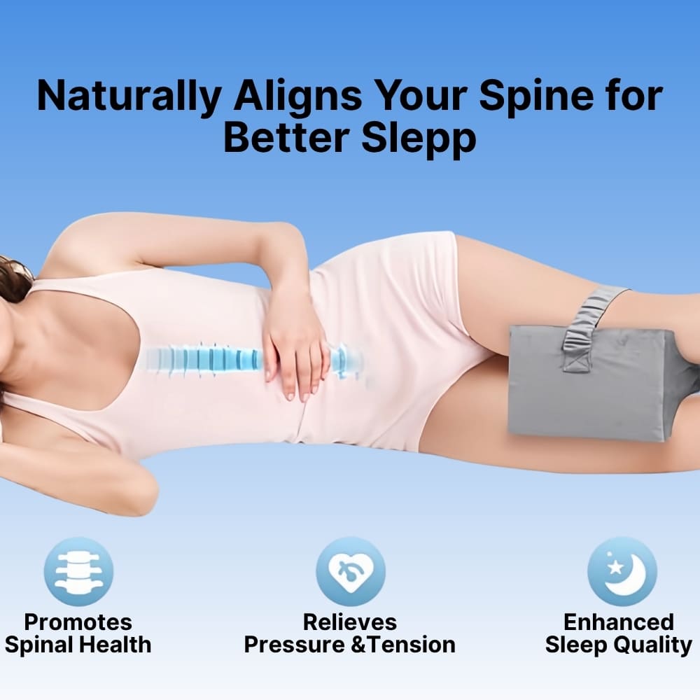 Person lying on a mattress with spinal alignment features highlighted, against a blue background.
