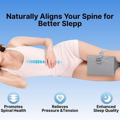 Person lying on a mattress with spinal alignment features highlighted, against a blue background.