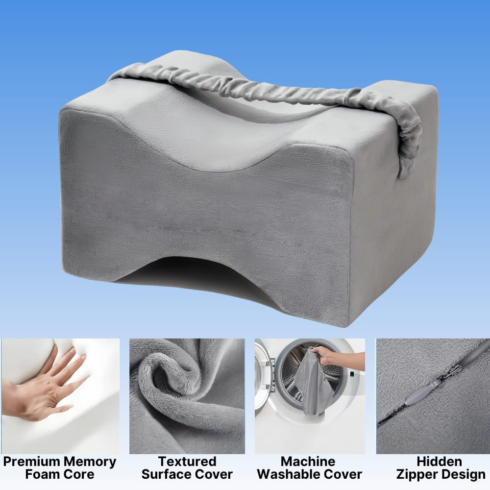 Gray wedge pillow with features highlighted on a blue background
