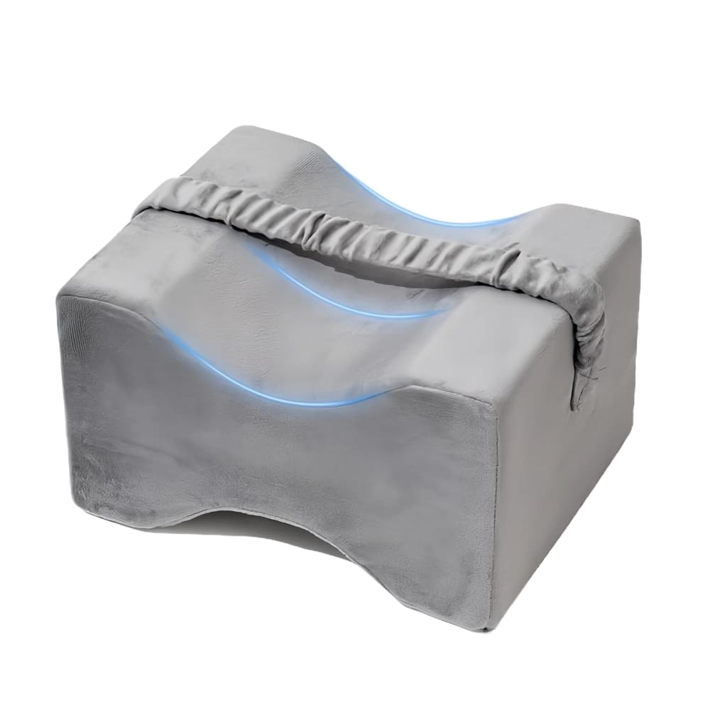 Gray wedge pillow with a blue light on a white background
