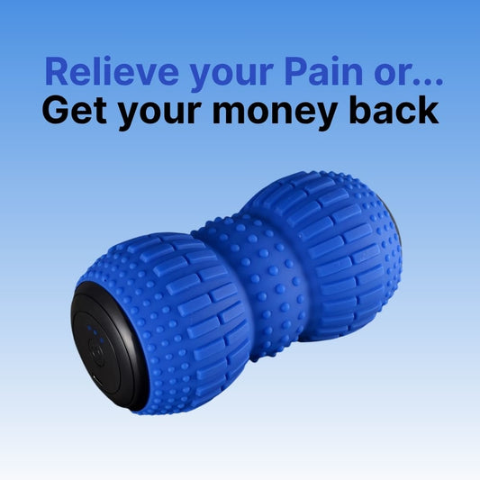Blue massage roller with text on a blue background