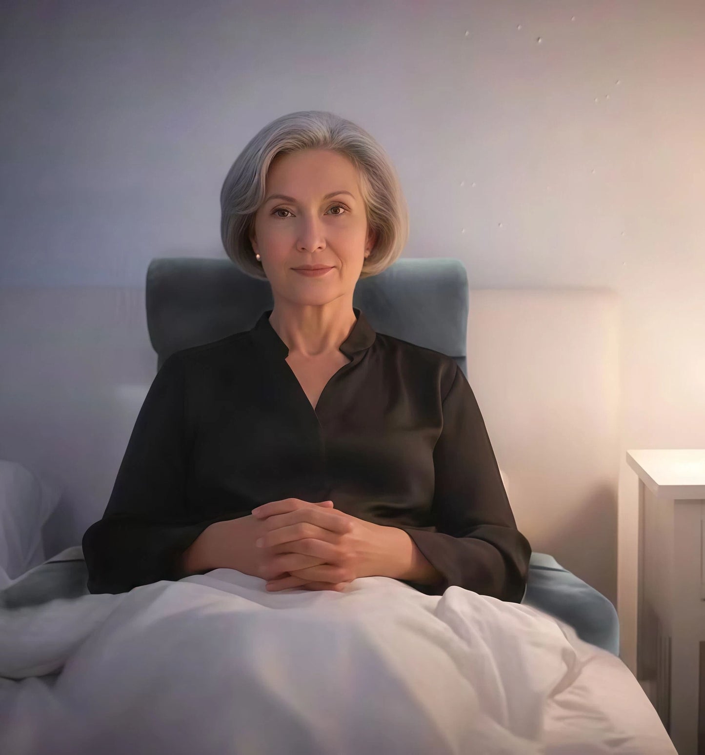 Woman sitting in a chair with a soft, warm light in the background
