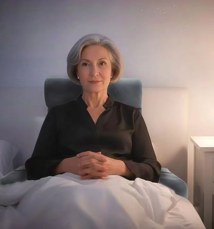 Woman sitting in a chair with a soft, warm light in the background