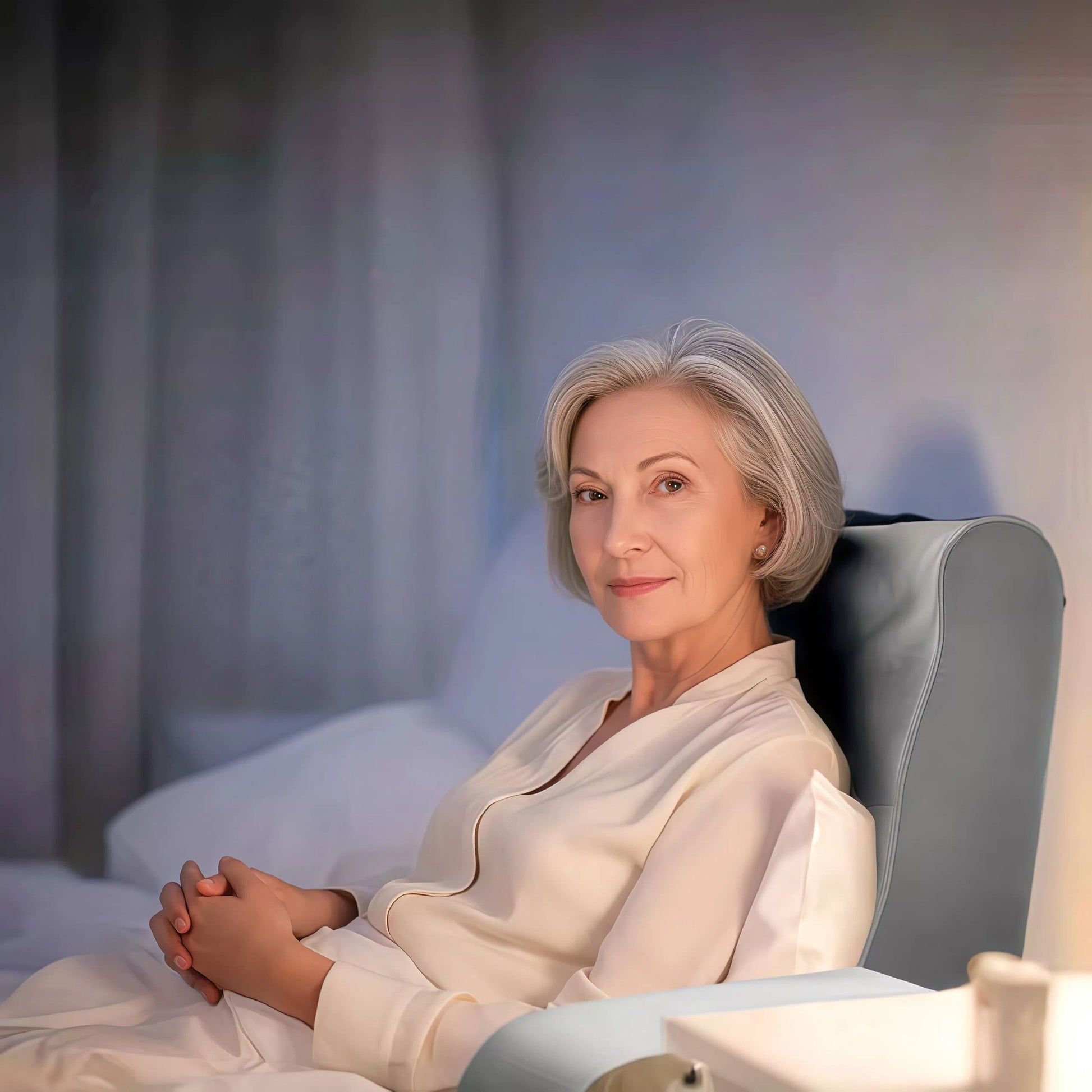 Byeache gray back pillow helping woman sit up comfortably in bed