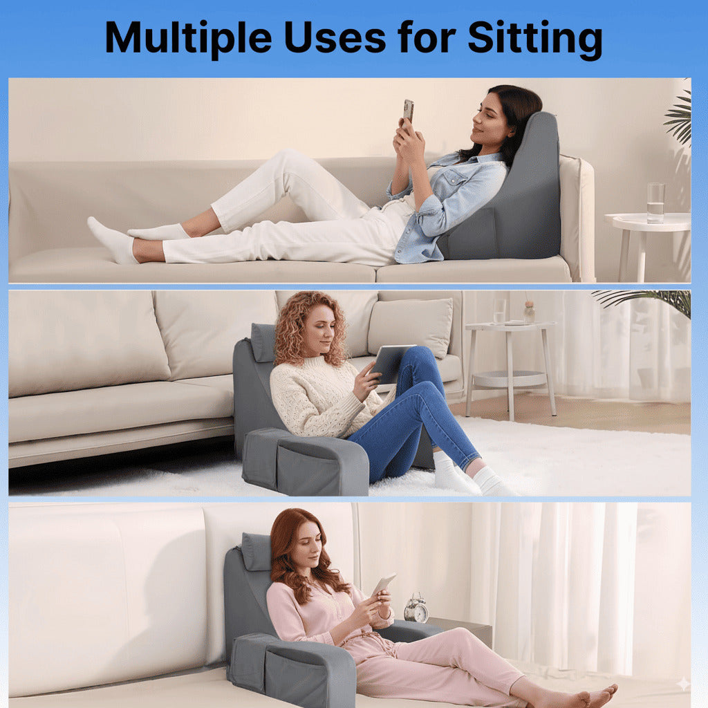 Woman using a gray bean bag chair in various settings