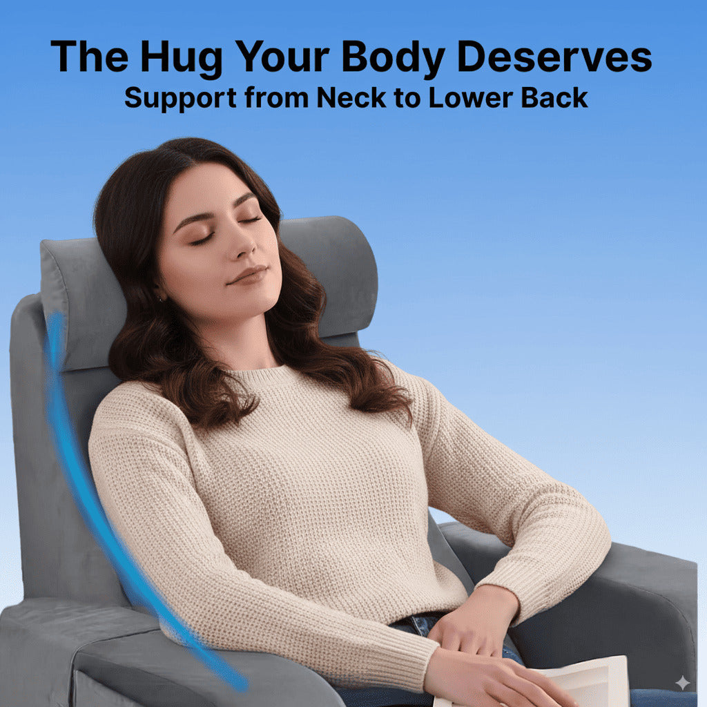 Woman relaxing in a massage chair with text 'The Hug Your Body Deserves, Support from Neck to Lower Back' on a blue background.