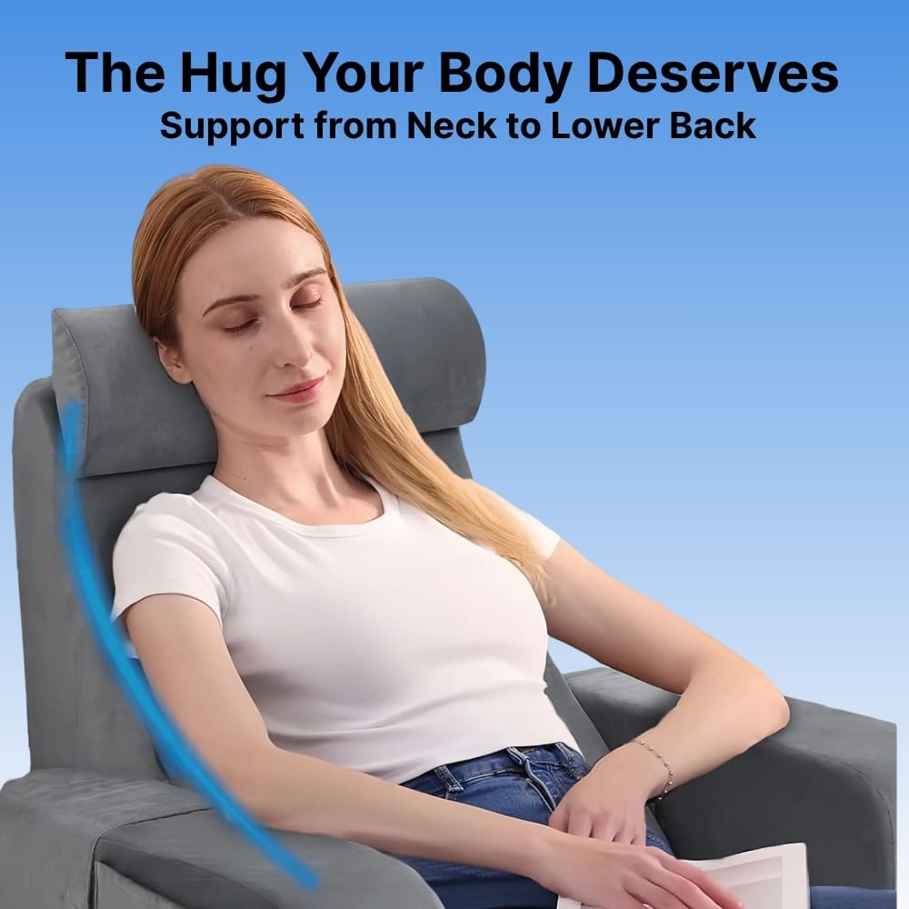 Woman relaxing in a massage chair with text 'The Hug Your Body Deserves, Support from Neck to Lower Back' on a blue background.