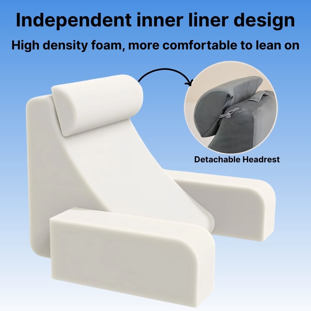 White foam wedge with detachable headrest on a blue background, highlighting independent inner liner design.