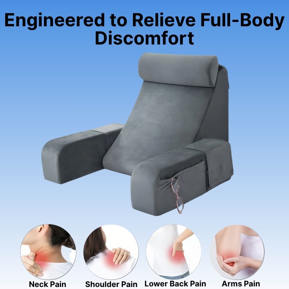 Gray full-body massage chair with pain relief illustrations on a blue background