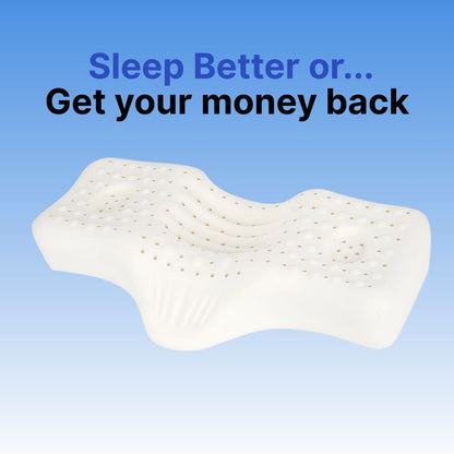 White pillow on a blue background with text 'Sleep Better or... Get your money back'.