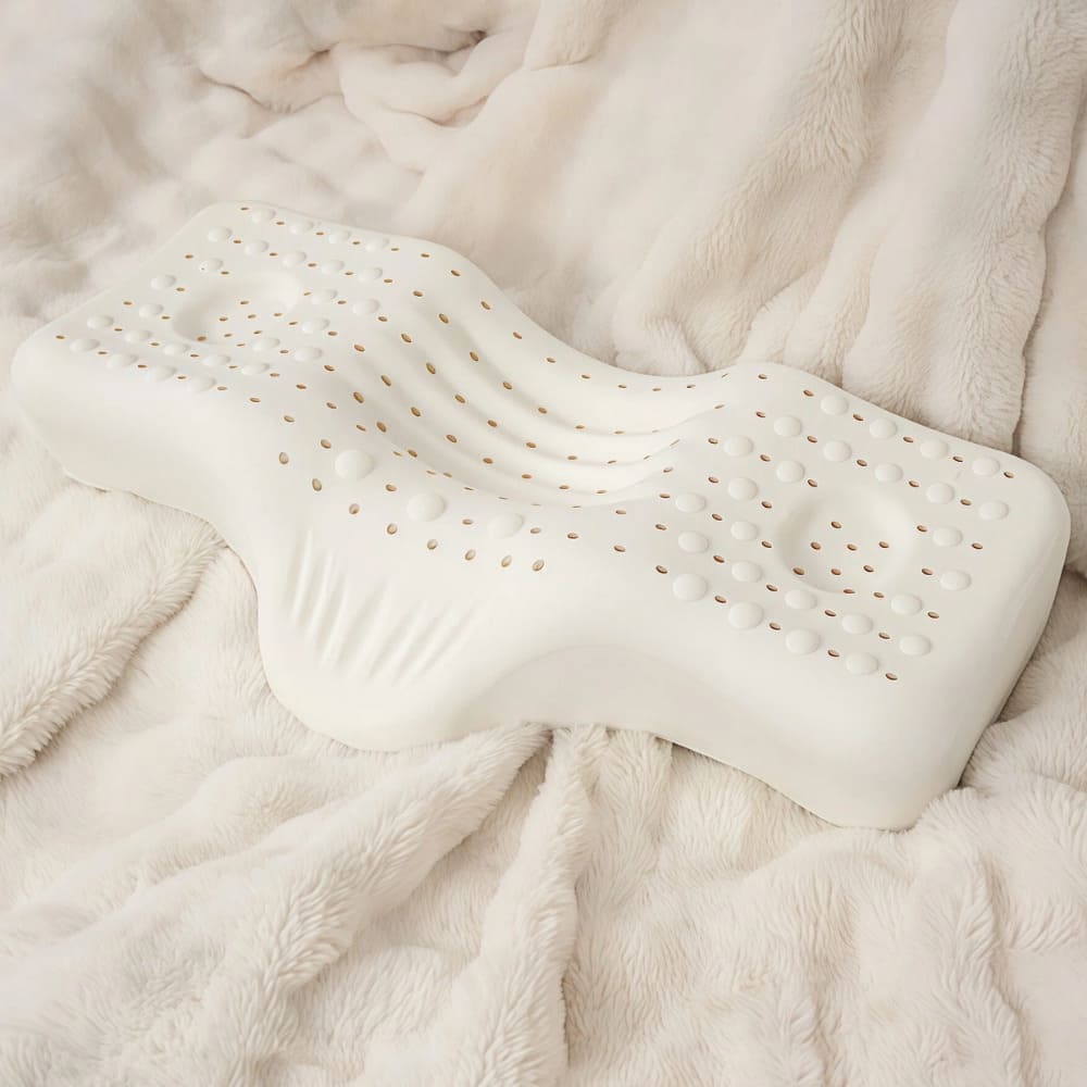 ByeAche natural latex neck pillow with honeycomb holes on soft blanket