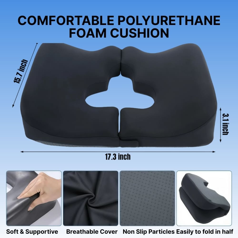 Black polyurethane foam cushion with measurements and features on a blue background