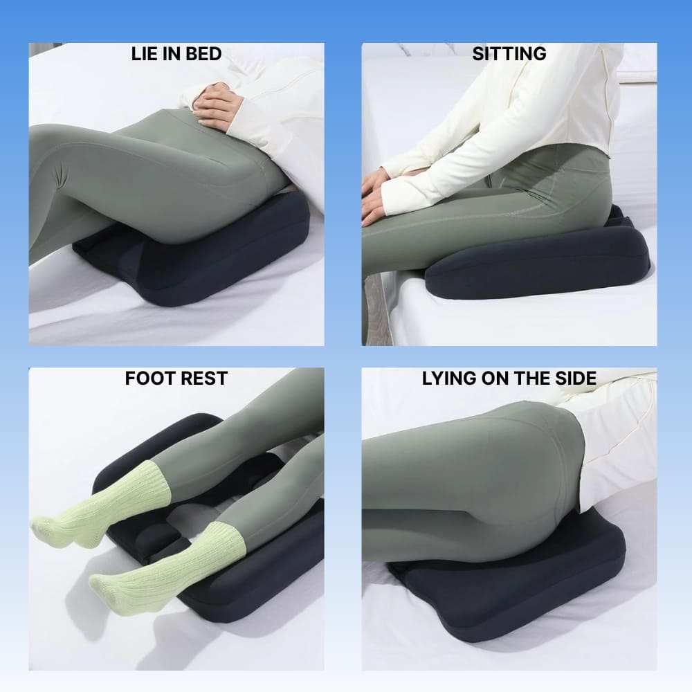 Multifunctional cushion used in various positions including lying in bed, sitting, foot rest, and lying on the side.