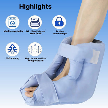 Blue foot support with features highlighted on a blue background