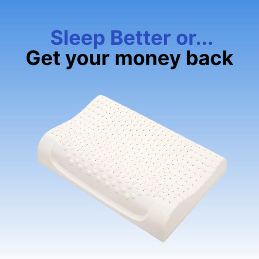 White pillow with text 'Sleep Better or... Get your money back' on a blue background