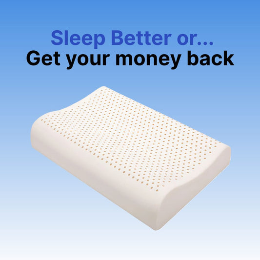 Ergonomic pillow with promotional text on a blue background