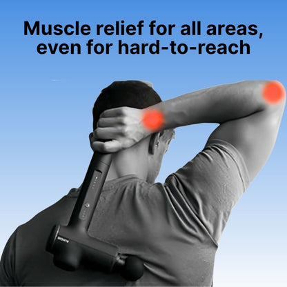 Person using a massage gun with text about muscle relief on a blue background