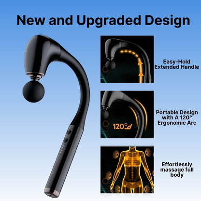 Black neck massager with features highlighted on a blue background