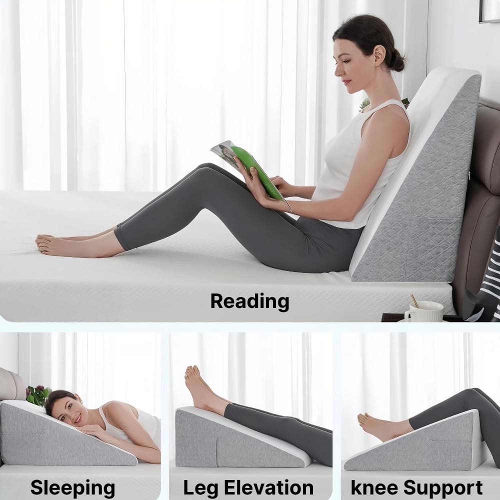 Woman using a wedge pillow for reading, sleeping, leg elevation, and knee support.