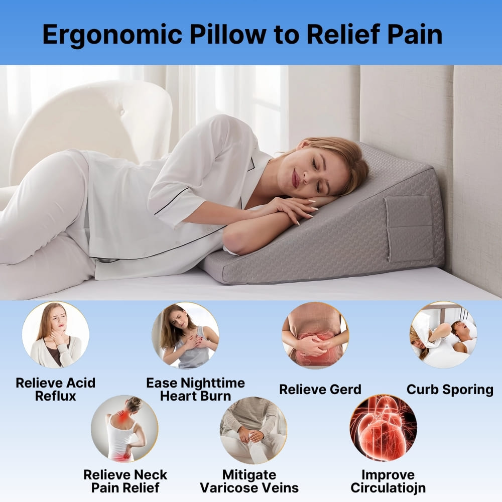 Woman lying on an ergonomic pillow with health benefits displayed below.