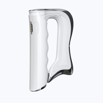 White handheld device with black accents on a white background