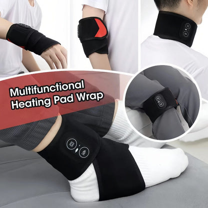 Multifunctional heating pad wrap being used on various parts of the body with visible control buttons.
