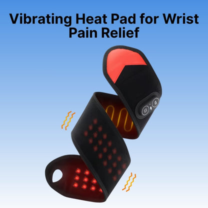 Vibrating heat pad for wrist pain relief with red and black design on a blue background