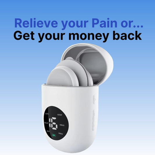 White electronic device with digital display on a blue background, accompanied by text.