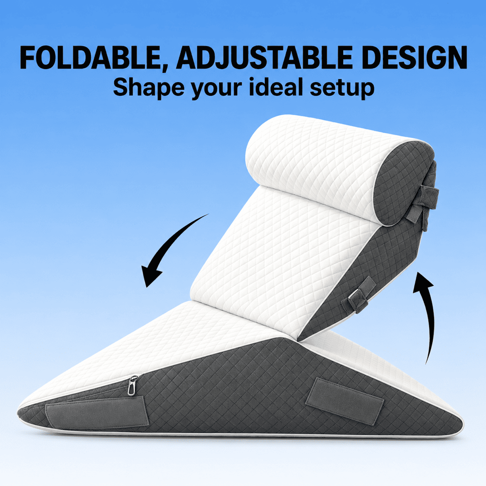 Foldable adjustable wedge mattress shown on a blue gradient background with text reading 'FOLDABLE, ADJUSTABLE DESIGN' and arrows indicating shape customization.