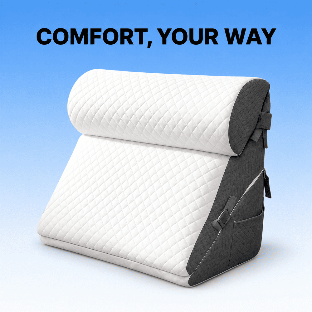 An adjustable wedge lumbar support pillow with a quilted white top section and a dark gray textured side panel, shown on a blue gradient background with the text 'COMFORT, YOUR WAY' at the top.