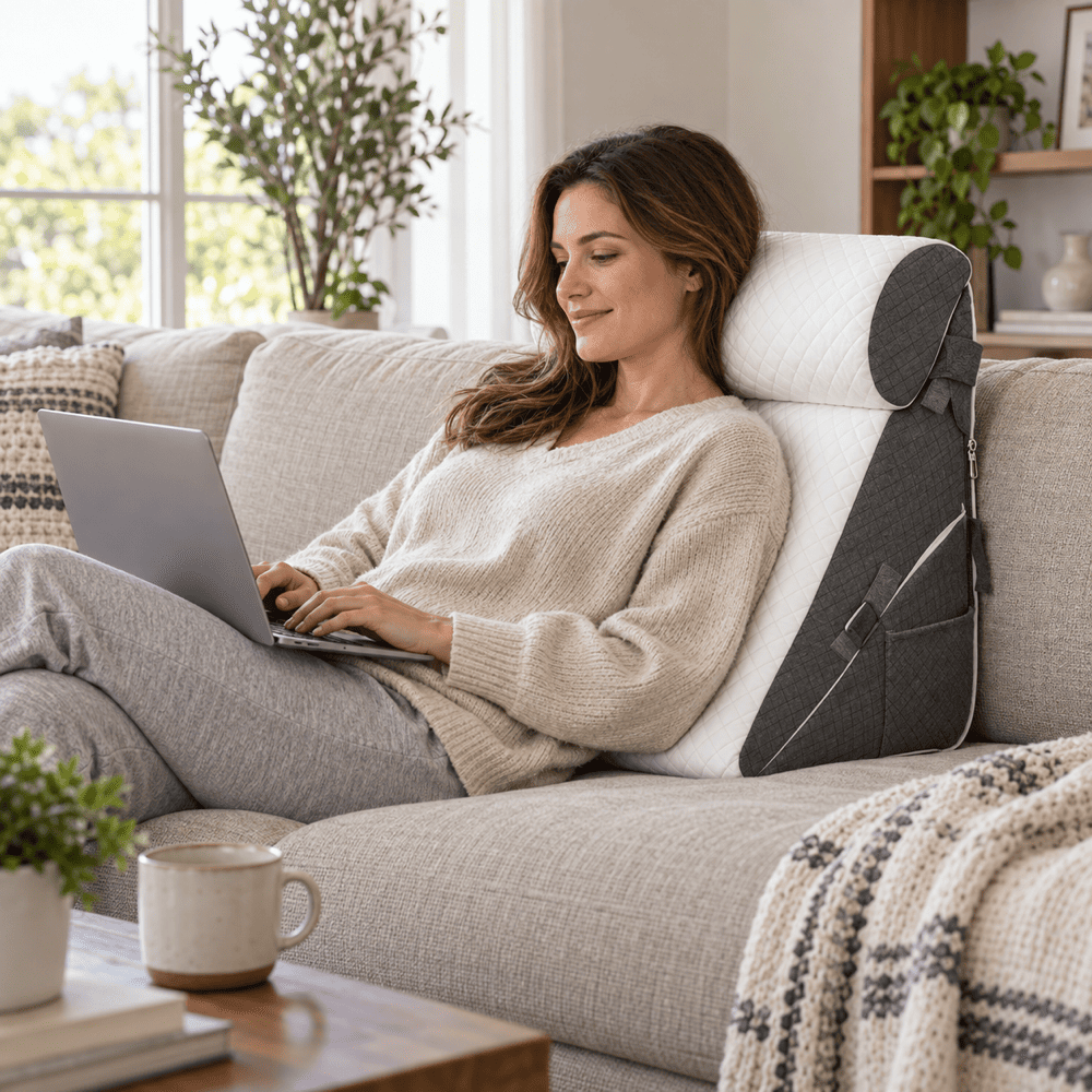 A woman relaxes on a light beige sofa using a white and dark gray ergonomic lumbar support pillow while working on a laptop in a bright, modern living room.