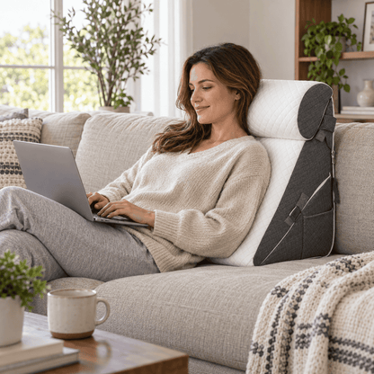 A woman relaxes on a light beige sofa using a white and dark gray ergonomic lumbar support pillow while working on a laptop in a bright, modern living room.