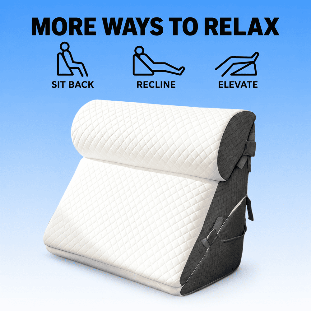 An ergonomic lumbar pillow shown on a light blue gradient background with promotional text and icons reading 'MORE WAYS TO RELAX' and 'SIT BACK', 'RECLINE', and 'ELEVATE'. The pillow has a quilted off-white top section and dark gray side panels with straps.