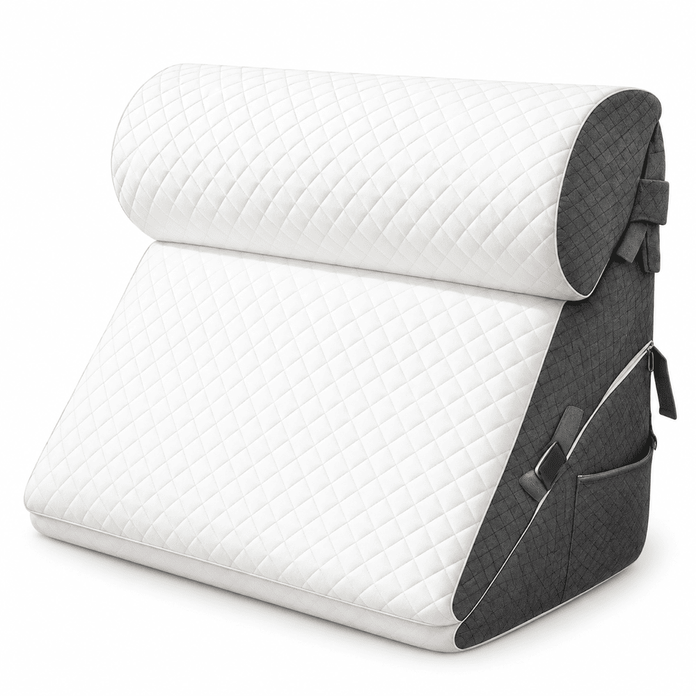 A white quilted wedge horse saddle pad with dark gray side panels and straps, shown on a clean white background.