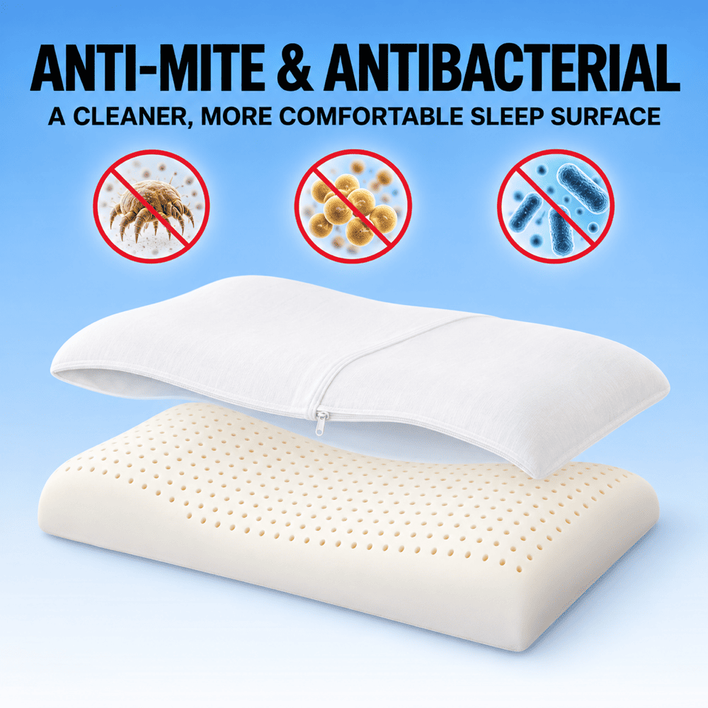 A white and beige dual-layer pillow set with a zipper, shown on a blue gradient background with text reading 'ANTI-MITE & ANTIBACTERIAL' and three crossed-out pest icons above.