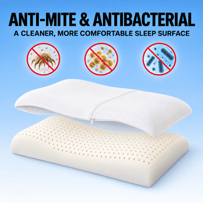 A white and beige dual-layer pillow set with a zipper, shown on a blue gradient background with text reading 'ANTI-MITE & ANTIBACTERIAL' and three crossed-out pest icons above.