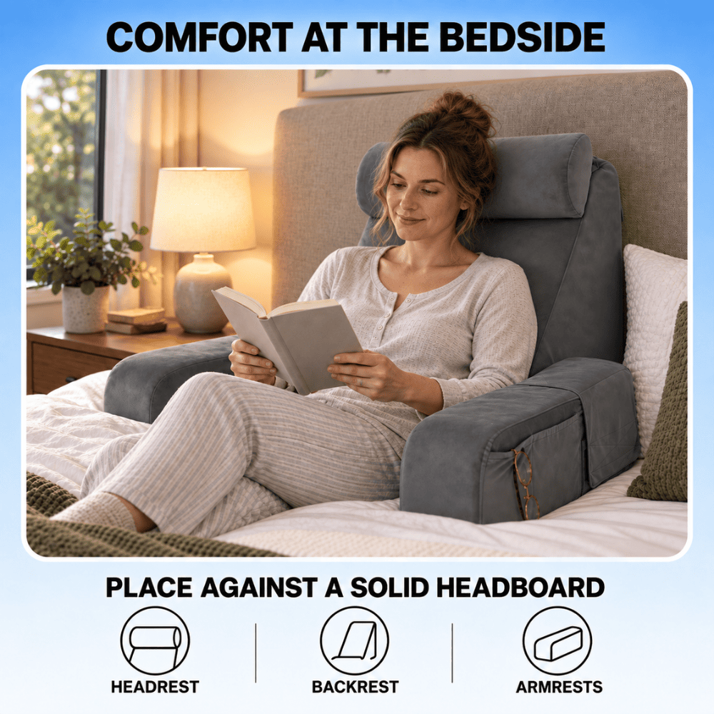 A woman relaxes in a large gray reclining bed armchair with headrest, backrest, and armrests, reading a book on a bed. The image includes text reading 'COMFORT AT THE BEDSIDE' and 'PLACE AGAINST A SOLID HEADBOARD,' plus icons highlighting the headrest, backrest, and armrests.