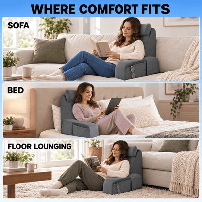A three-panel promotional graphic showing a woman using a gray adjustable floor lounge chair in different settings: labeled 'SOFA' on a couch, labeled 'BED' on a bed, and labeled 'FLOOR LOUNGING' on the floor. Large text at the top reads 'WHERE COMFORT FITS'.