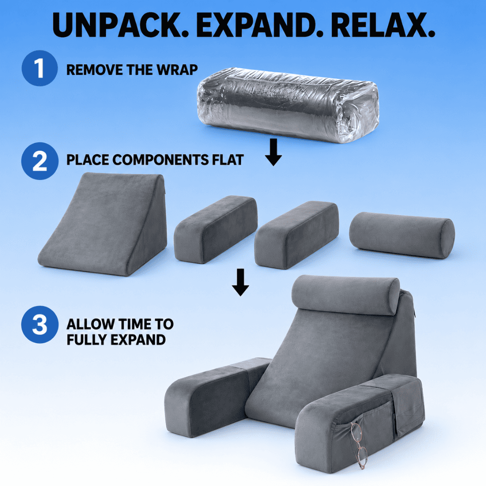 Instructional graphic showing how to unpack and expand a gray reclining support cushion set. Step 1 shows the wrapped product, step 2 shows the components laid flat, and step 3 shows the fully expanded chair with armrests and headrest on a blue gradient background.