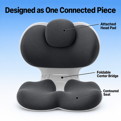 A dark gray ergonomic split-seat cushion with an attached head pad and foldable center bridge, shown on a light blue gradient background with text labels pointing to the components.
